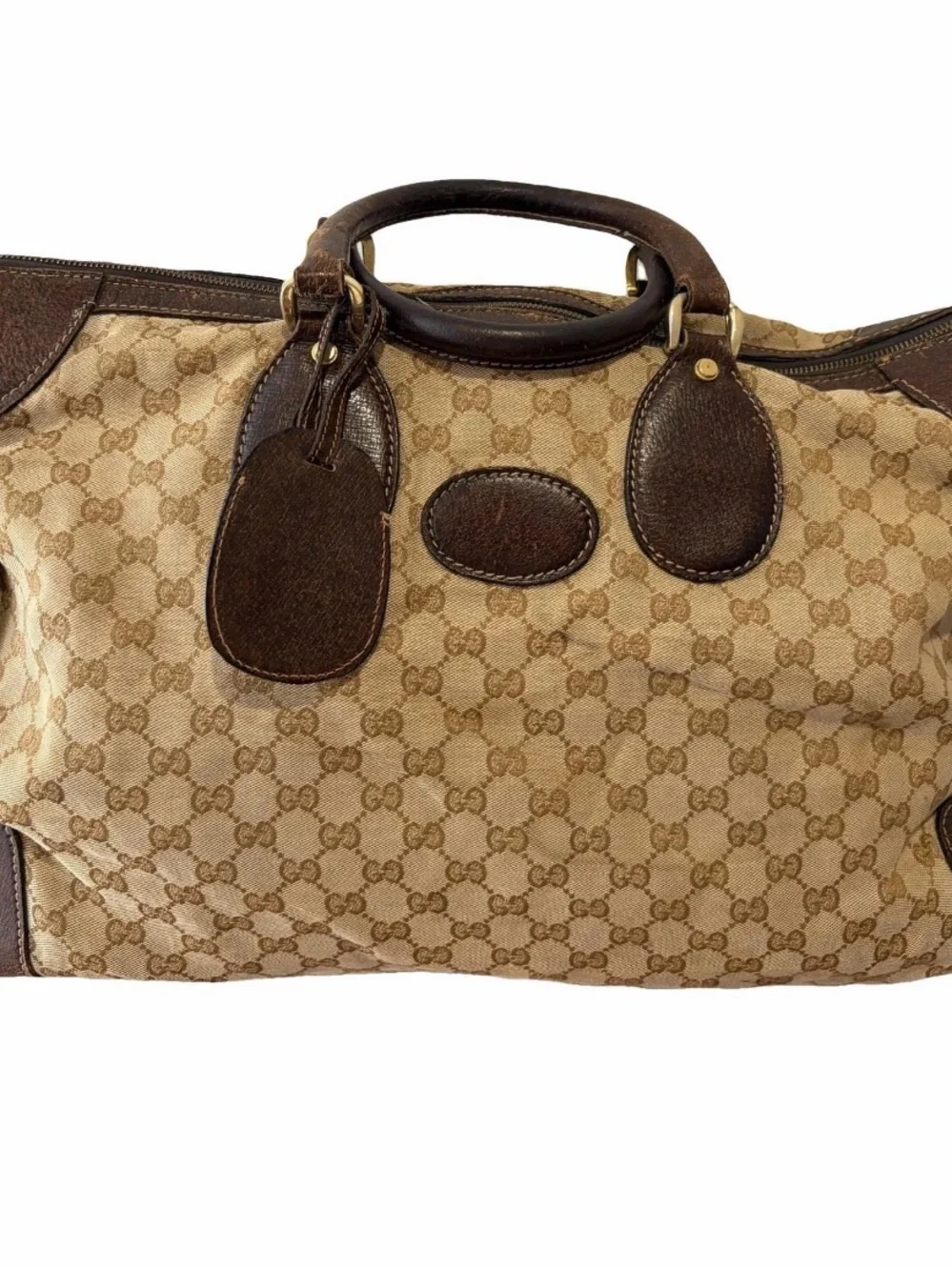 Gucci Beige Monogram Canvas Duffel with Brown Leather Trim
